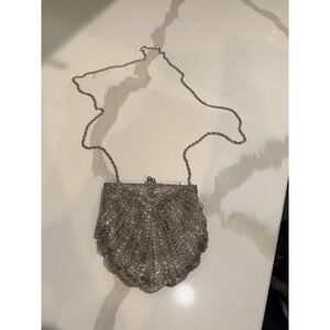 Vintage 1960s La Regale Beaded Evening Purse Silver Clutch Chain Art Deco Style